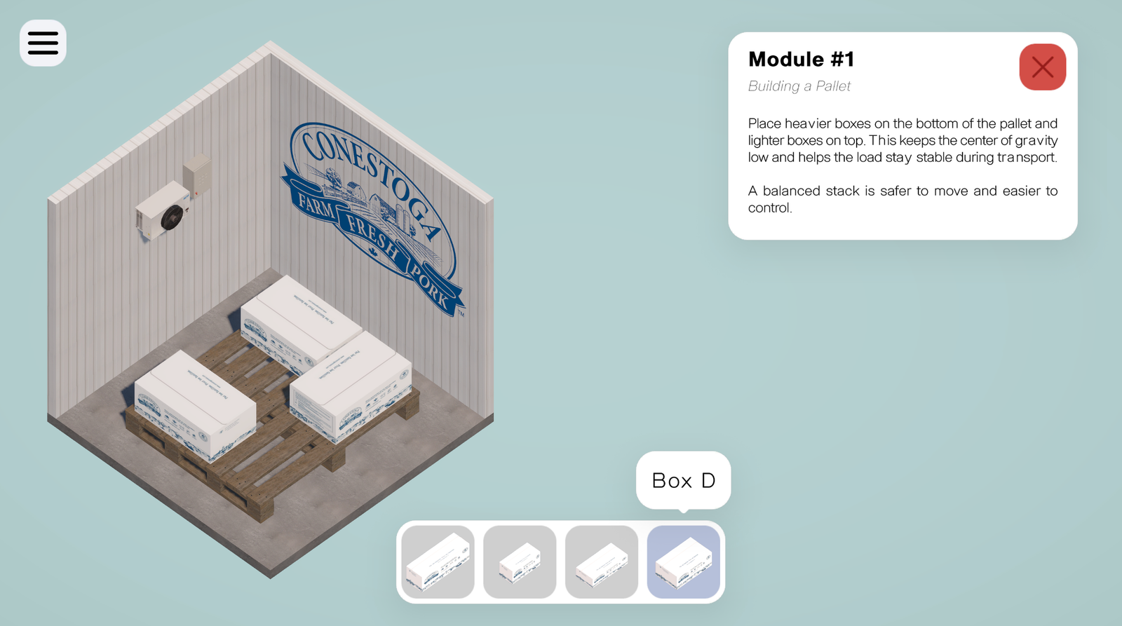 Pallet Builder training simulator showing an interactive pallet-stacking exercise for Conestoga Meats.